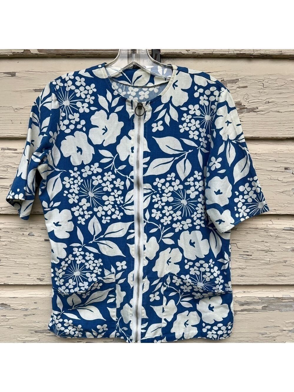 Vintage 60s 70s Ship N Shore Hawaiian Floral Full Zip Beachy Swimsuit Cover Top